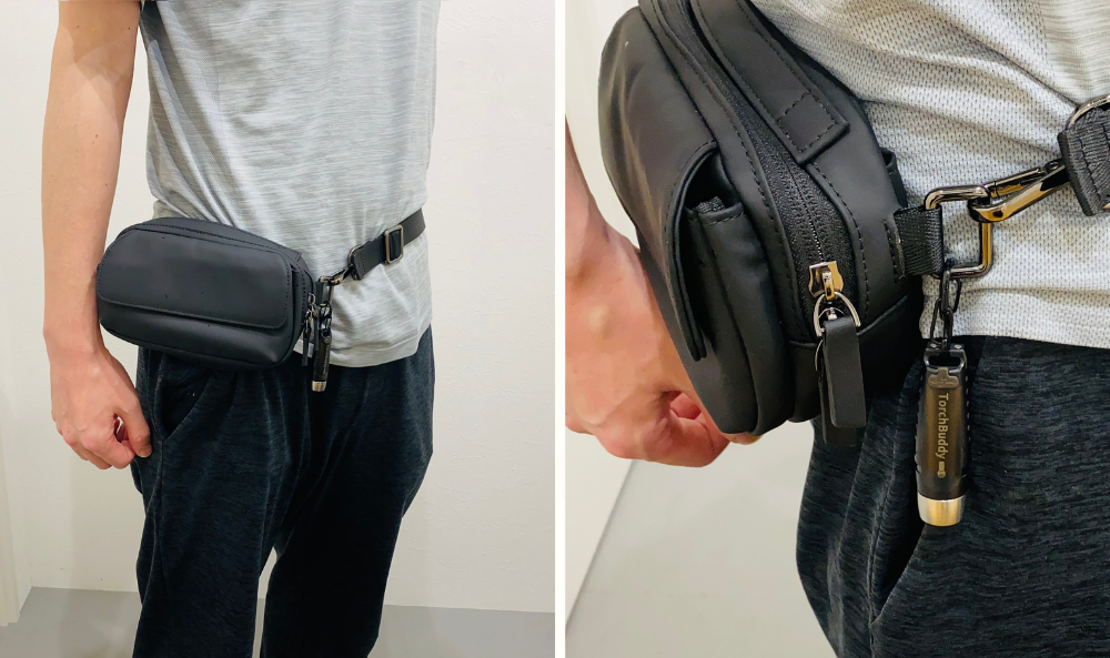 ウエストバッグに吊り下げて携帯できる小型懐中電灯TorchBuddy