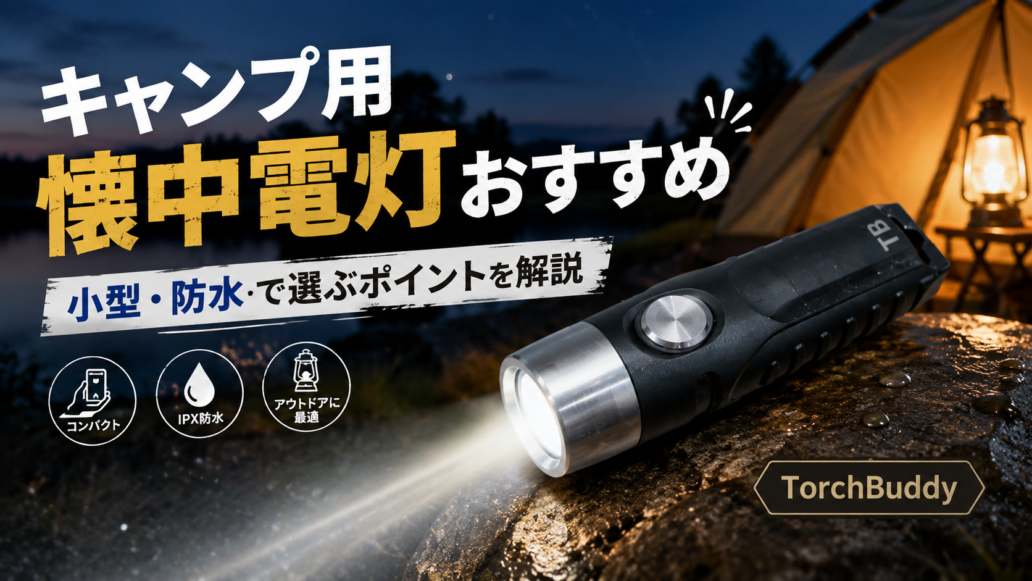 キャンプ用の小型懐中電灯TorchBuddyを夜のキャンプ場で点灯しているイメージ