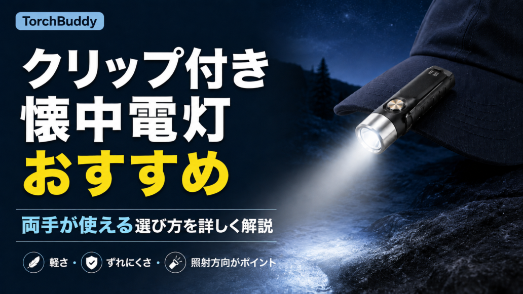 帽子のつばに装着したクリップ付き懐中電灯TorchBuddyが夜道を照らすイメージ