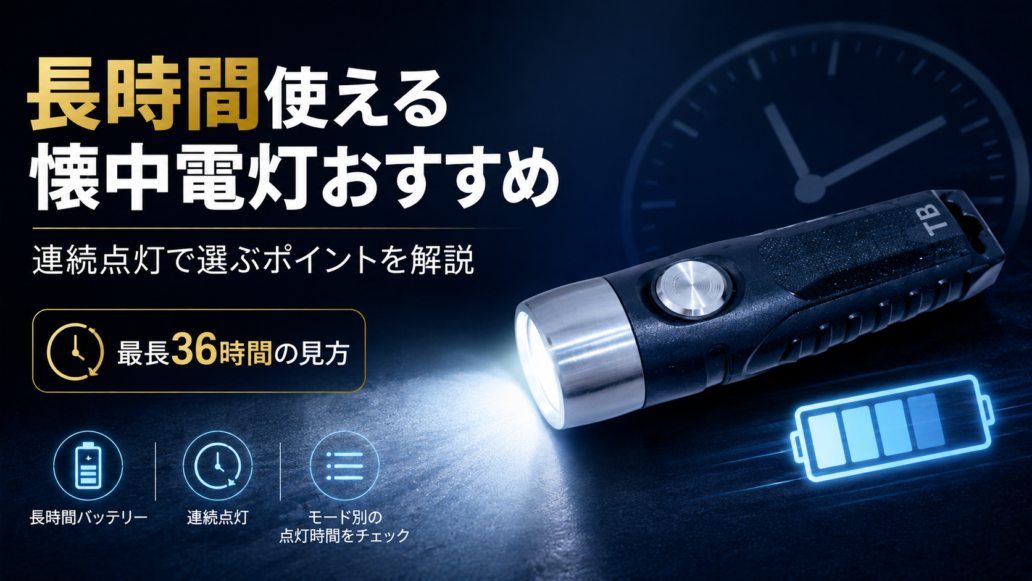 長時間使える懐中電灯TorchBuddyと最長36時間の連続点灯を解説する画像