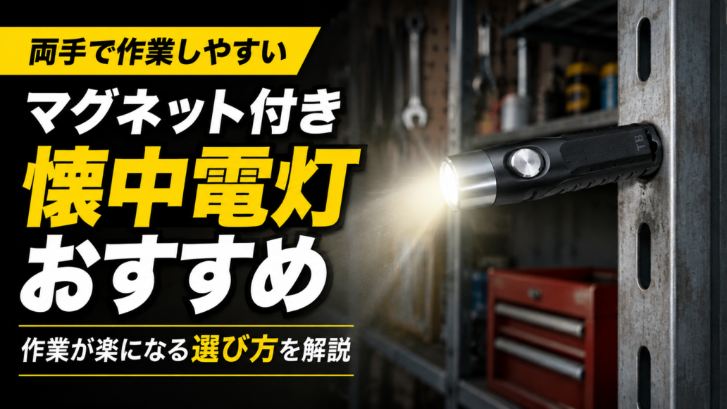 末端部のマグネットで金属棚に固定した作業用小型懐中電灯