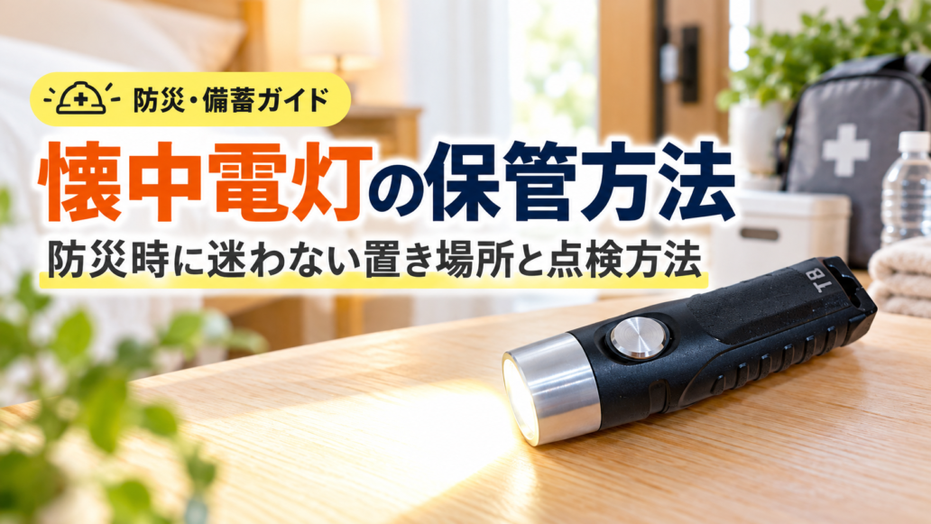 木製テーブルで点灯する小型懐中電灯と、防災時の保管方法・置き場所・点検方法を紹介する画像